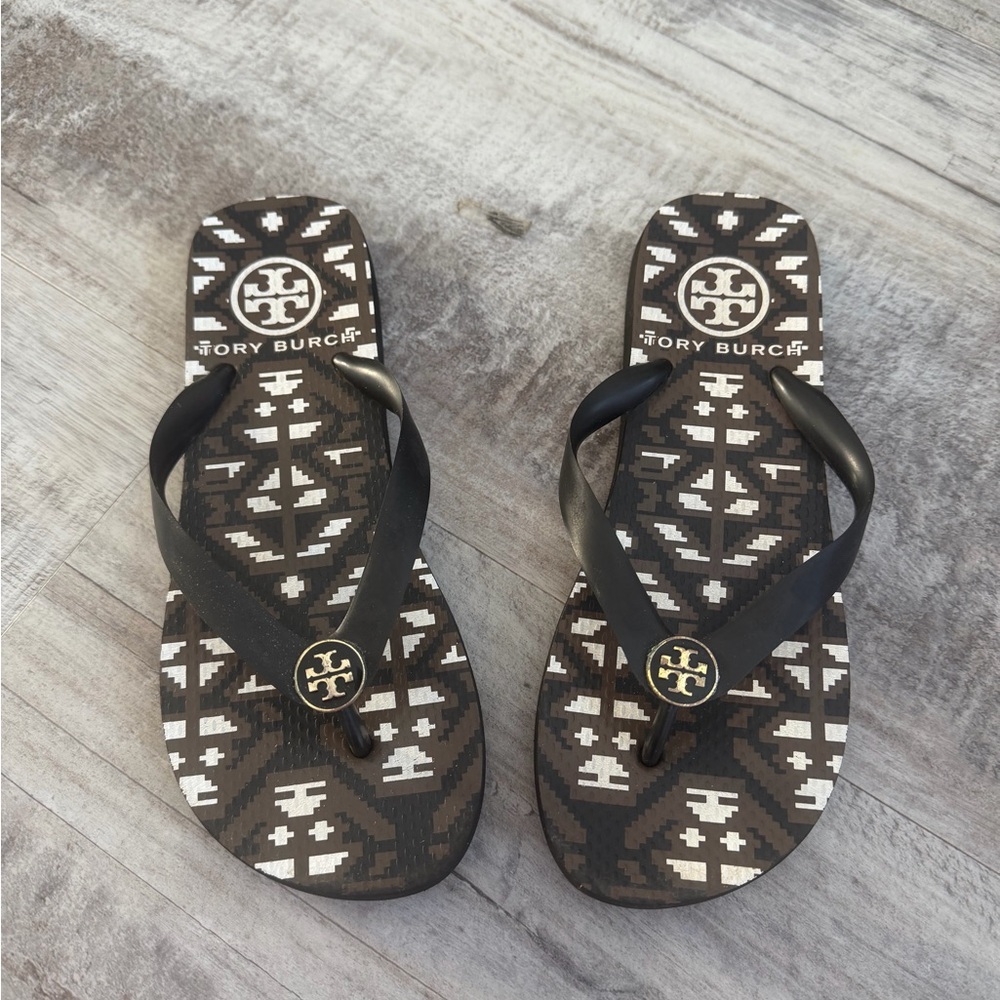 Tory Burch Black and Brown Patterned Flip Flops